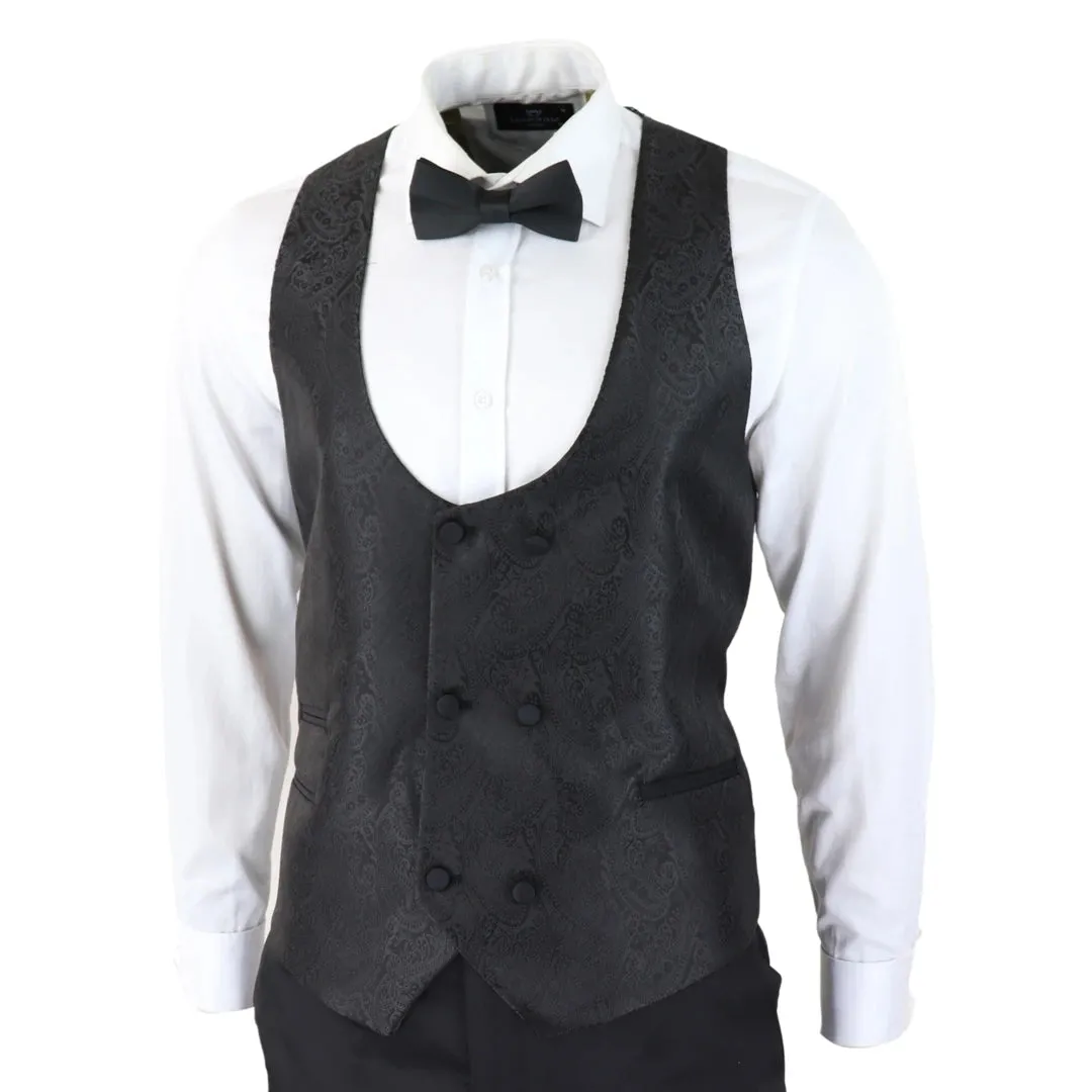 STZ62 - Men's Black Paisley Tuxedo Blazer And Waistcoat Dinner Jacket Satin