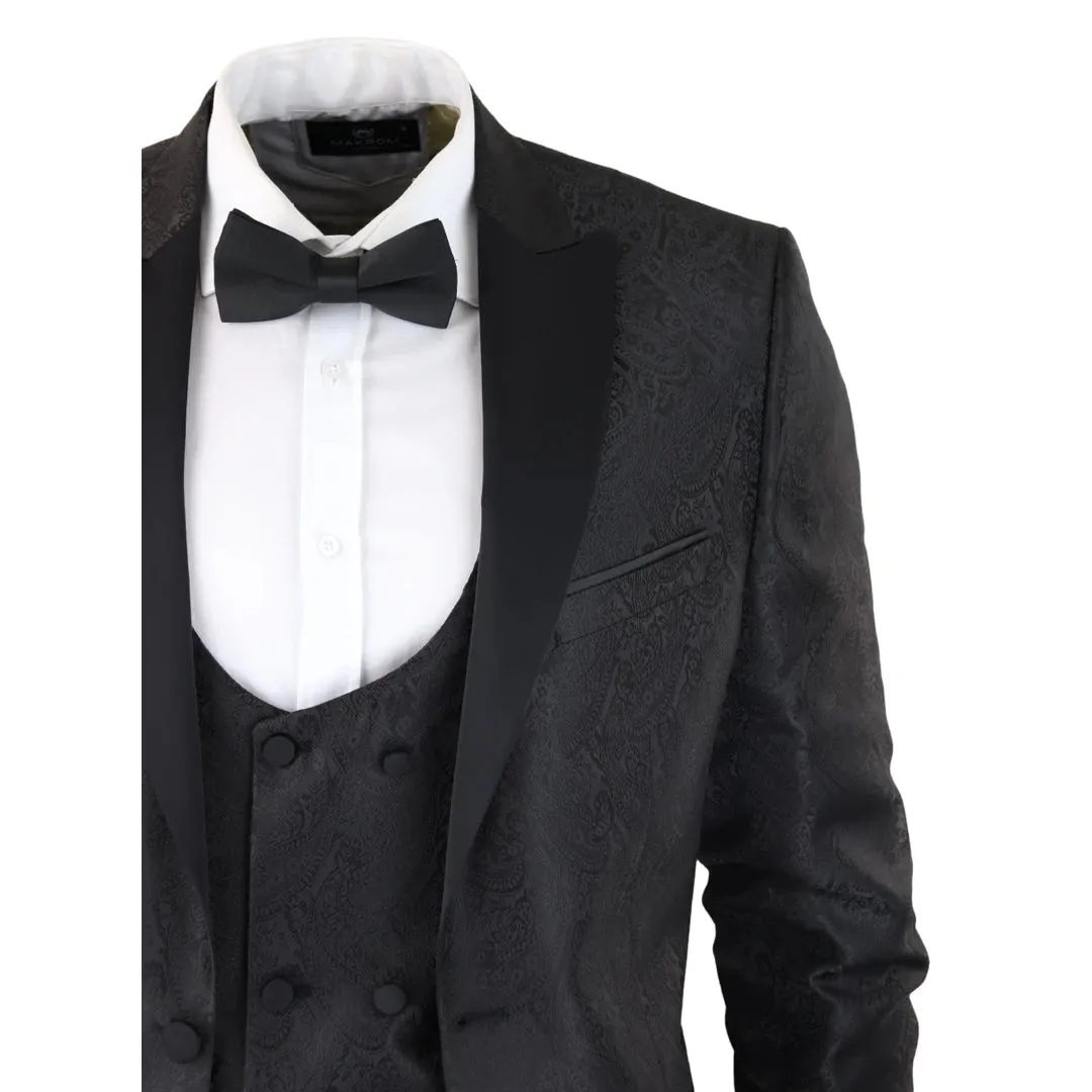 STZ62 - Men's Black Paisley Tuxedo Blazer And Waistcoat Dinner Jacket Satin