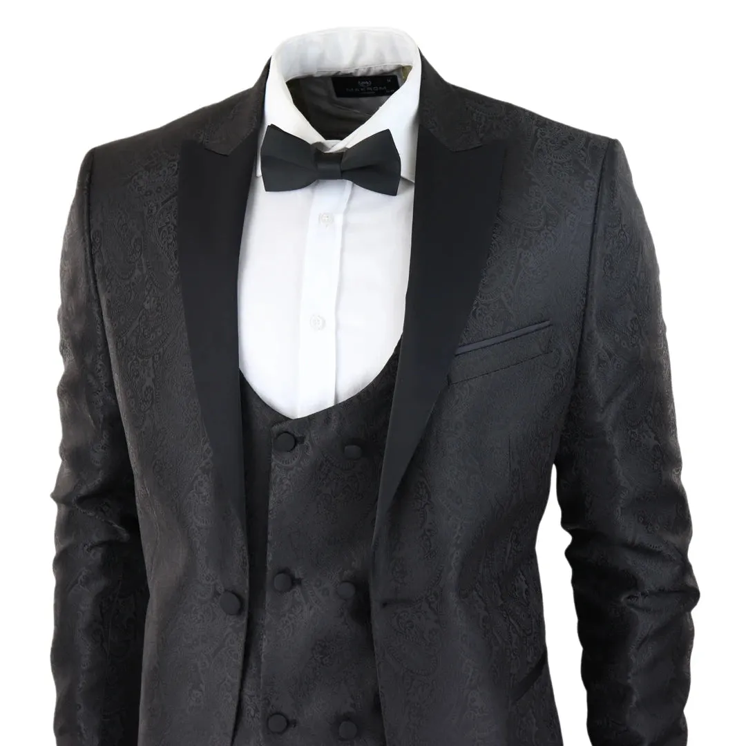 STZ62 - Men's Black Paisley Tuxedo Blazer And Waistcoat Dinner Jacket Satin