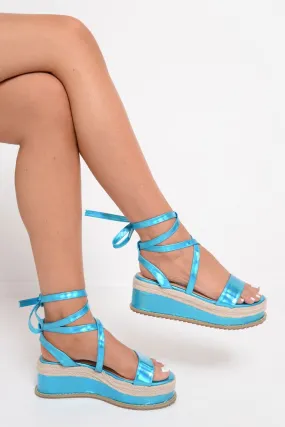 Turquoise Holographic Lace Up Wedges - Nika