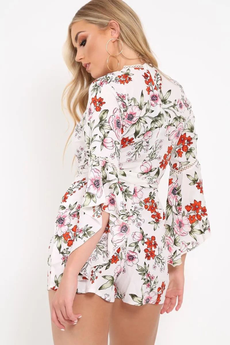 White Floral Kimono Sleeve Playsuit - Altaira