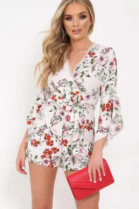 White Floral Kimono Sleeve Playsuit - Altaira