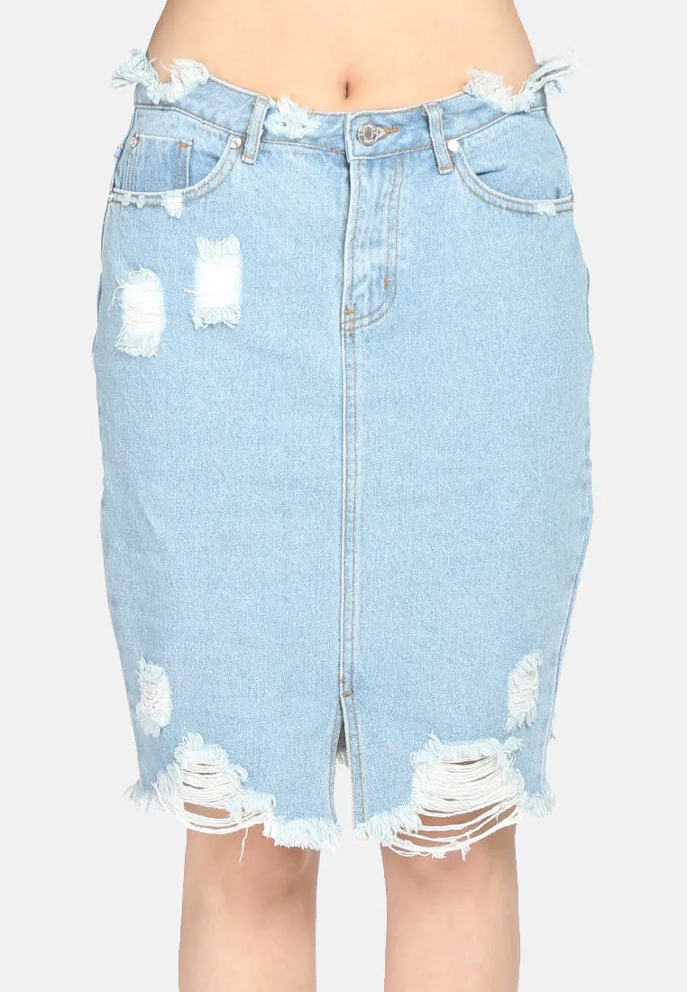 Women'S Mid Wash Denim Skirt With Distress