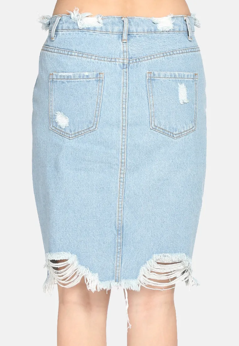 Women'S Mid Wash Denim Skirt With Distress