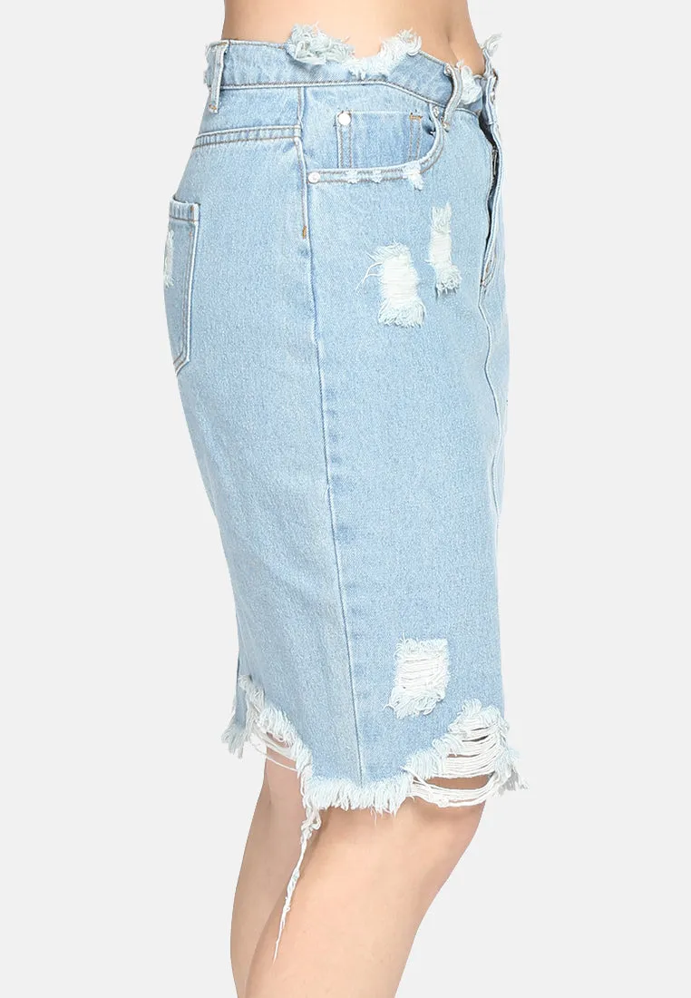 Women'S Mid Wash Denim Skirt With Distress