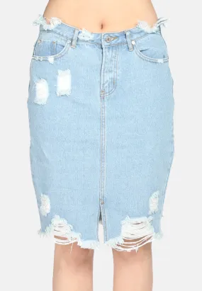 Women'S Mid Wash Denim Skirt With Distress